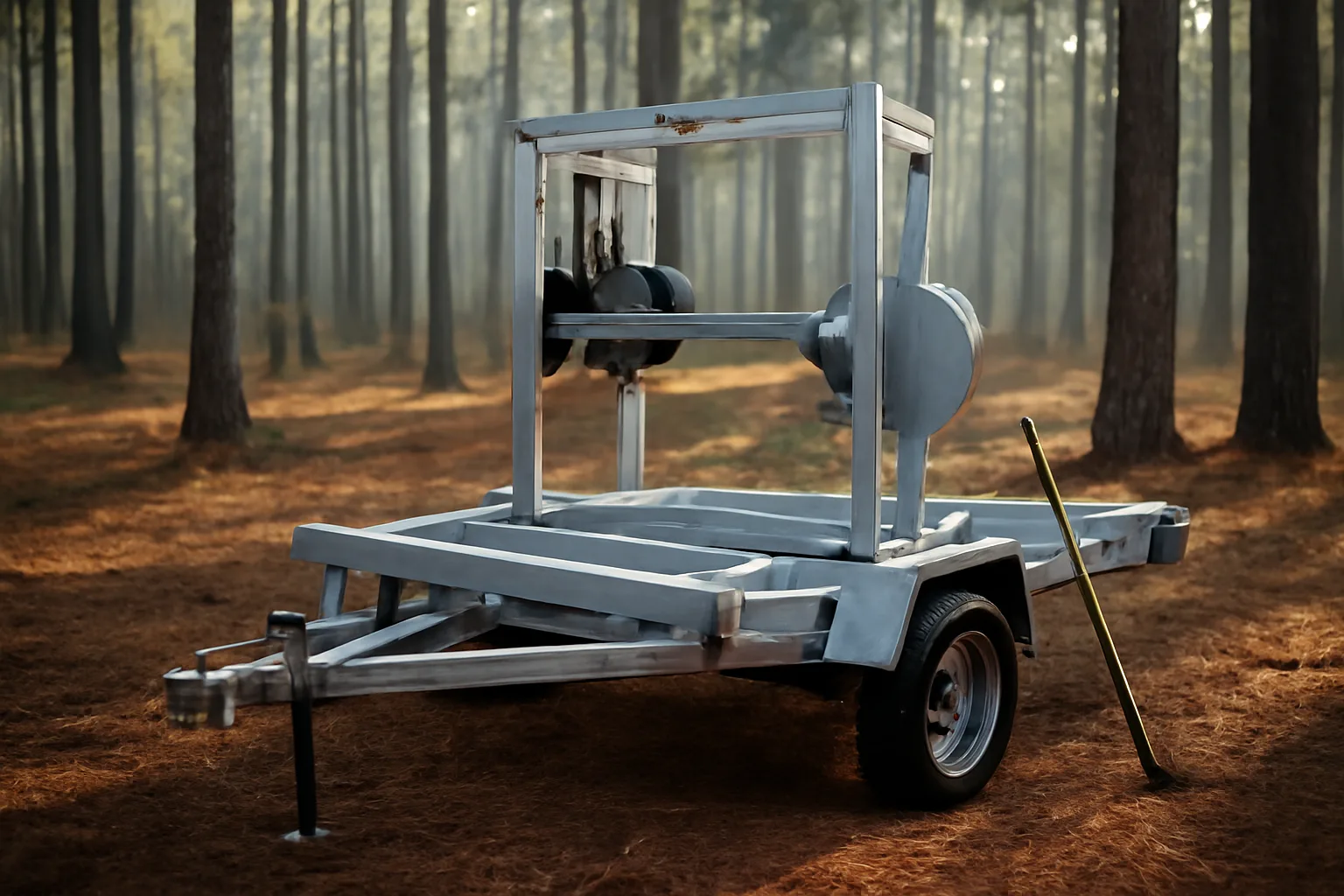 portable bandsaw mill trailer in Alabama pine forest with morning light