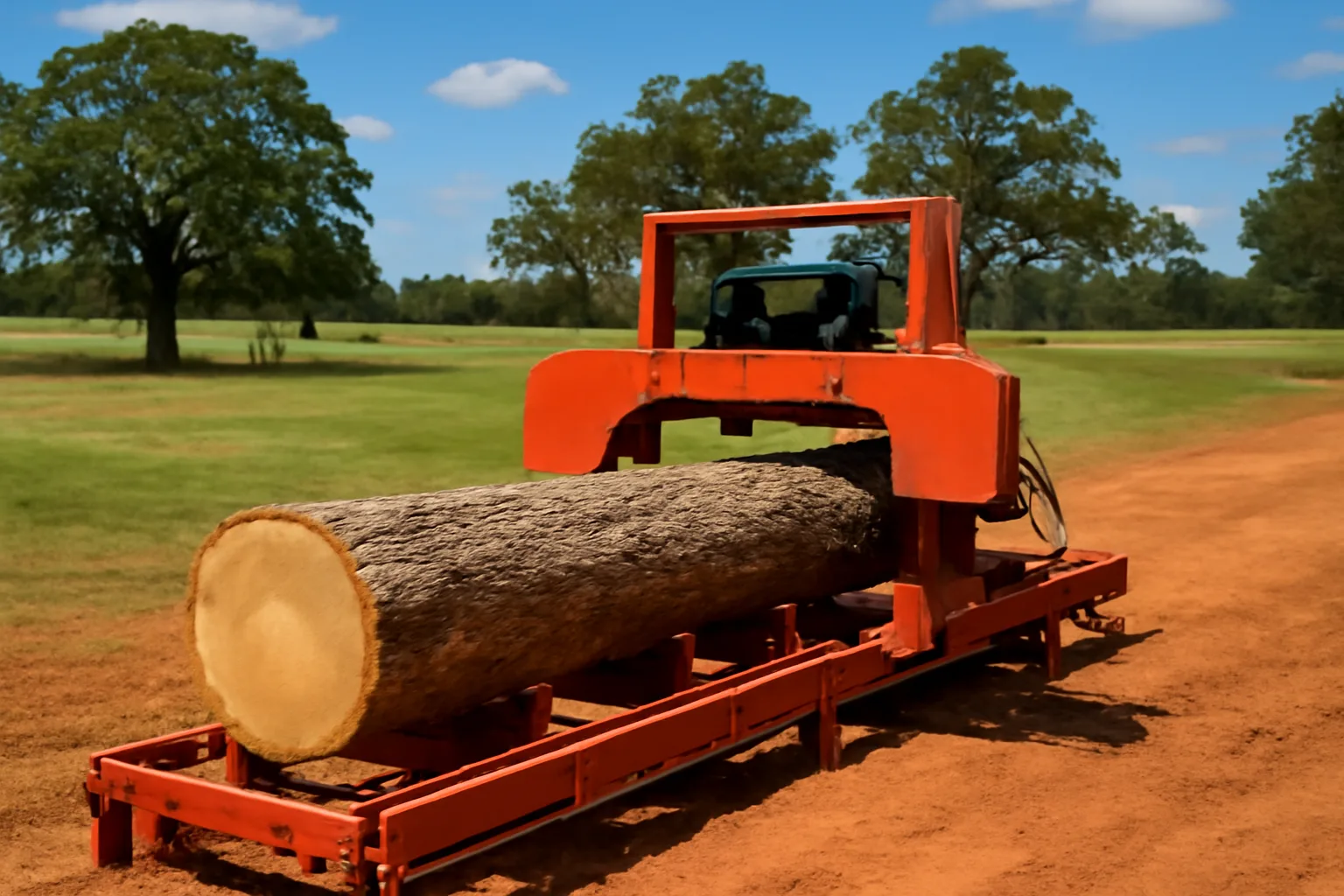Portable sawmill cutting pine log on Alabama farm