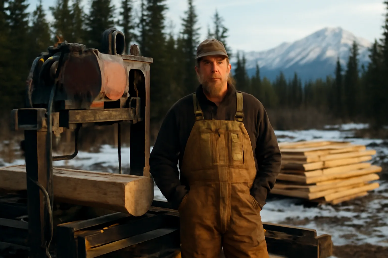 Alaskan sawmill operator with a portable bandsaw mill and spruce lumber in winter