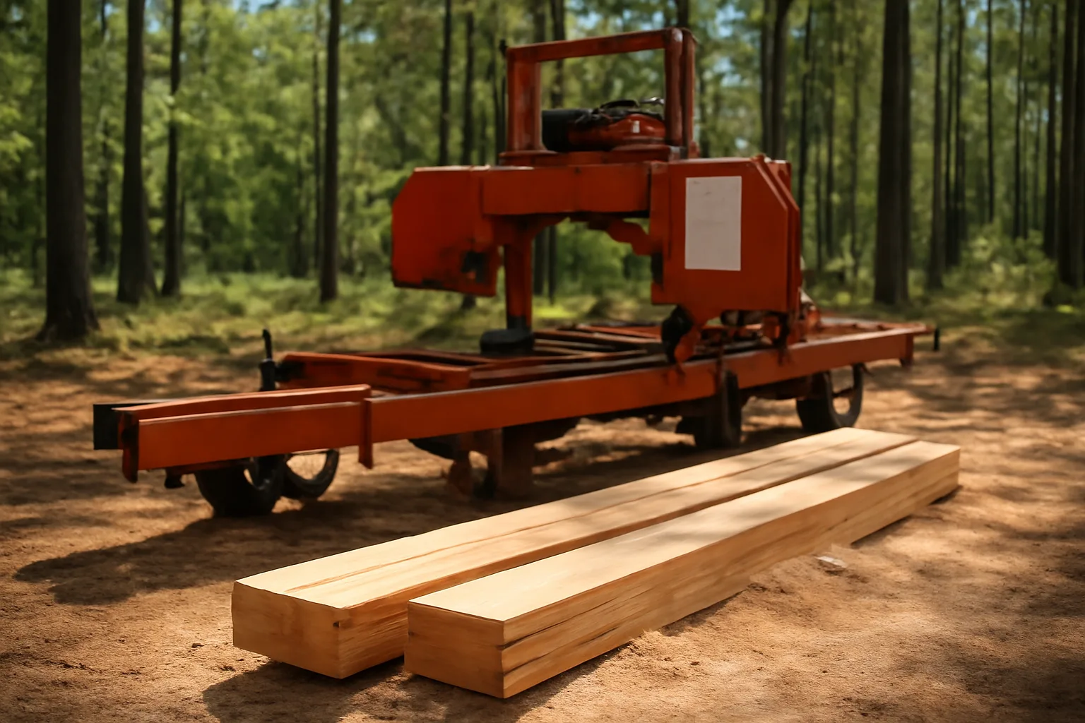 Portable sawmill in Alabama pine forest with registration certificate on control panel and fresh lumber.