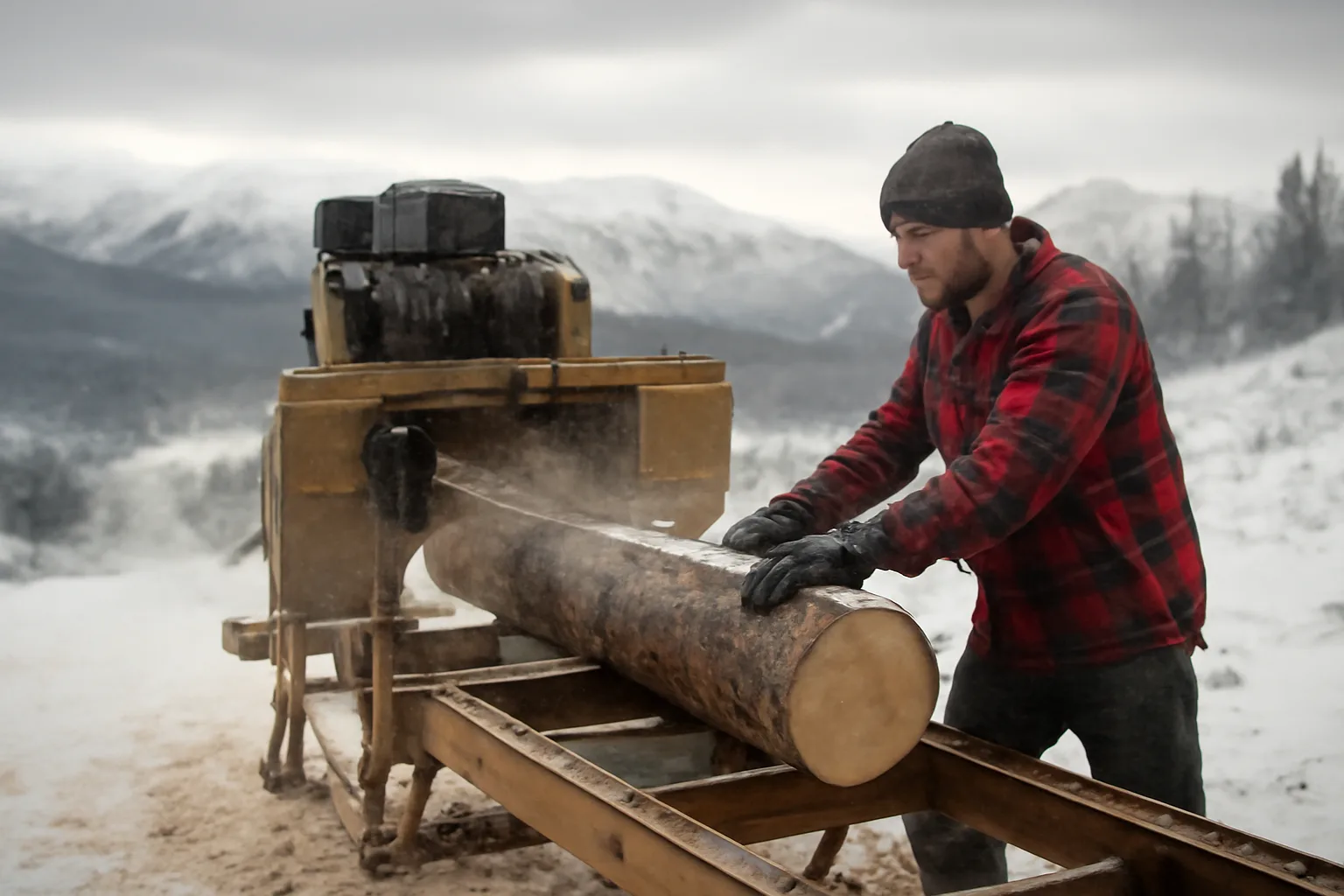 Portable sawmill cutting lumber in an Alaska forest