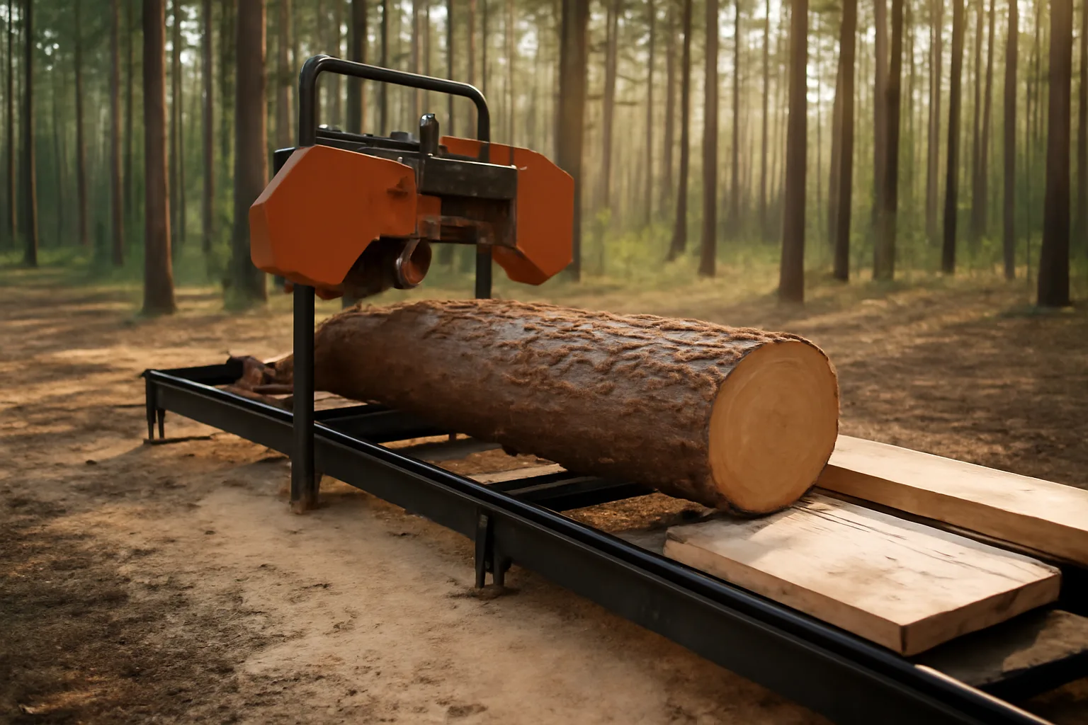 Portable sawmill cutting a pine log in an Alabama forest.