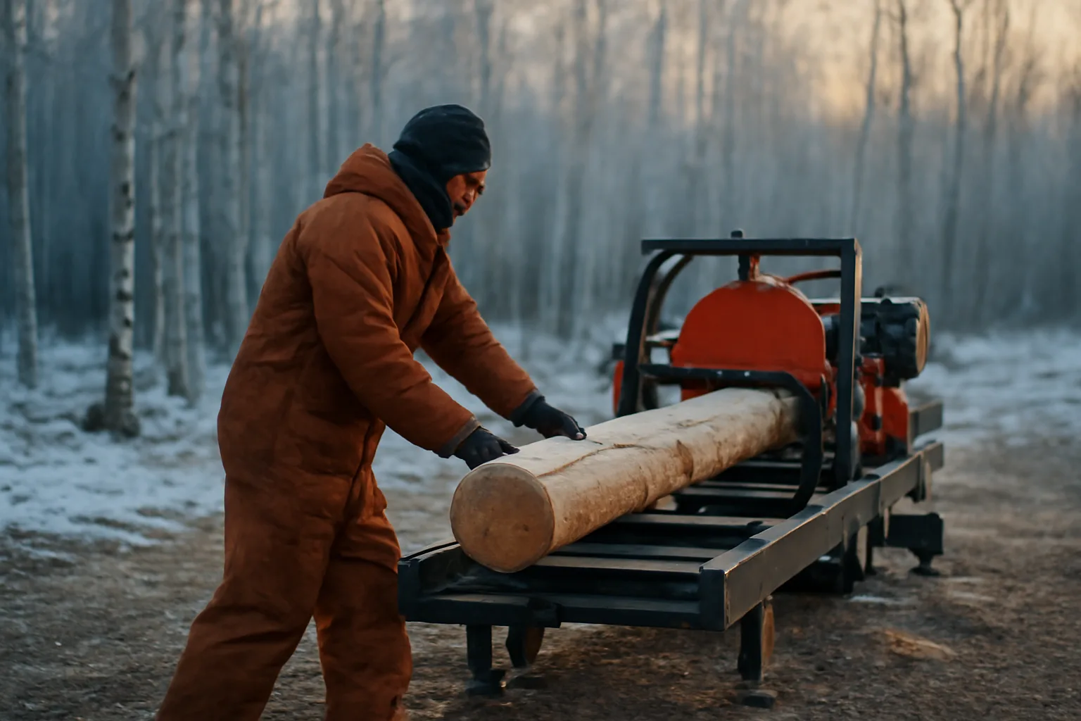 Operator feeding a log into a portable sawmill in Alaska winter landscape
