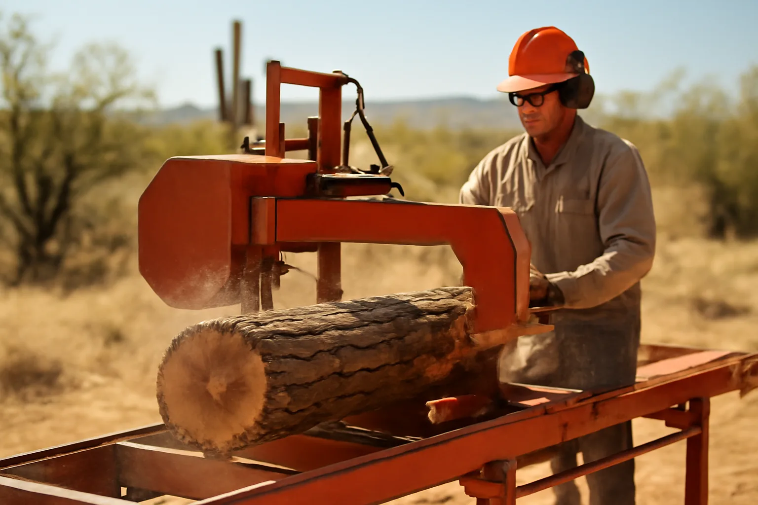 Portable sawmill cutting a log in Arizona with mesquite and piñon pine in background
