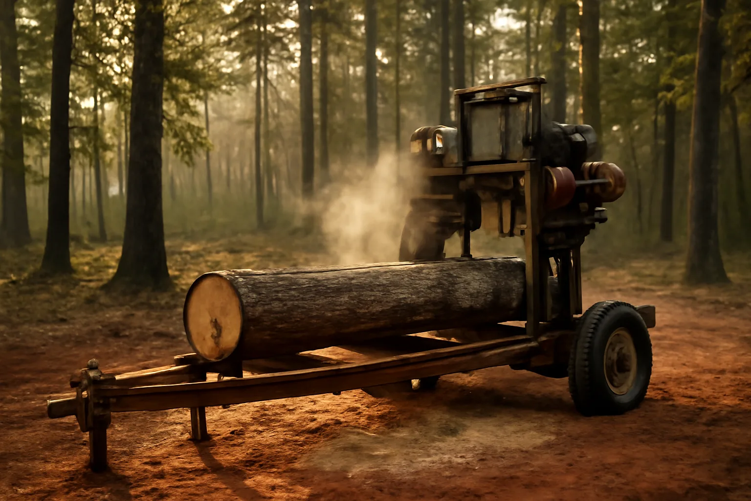 Trailer bandsaw mill beside an oak log in Arkansas woods