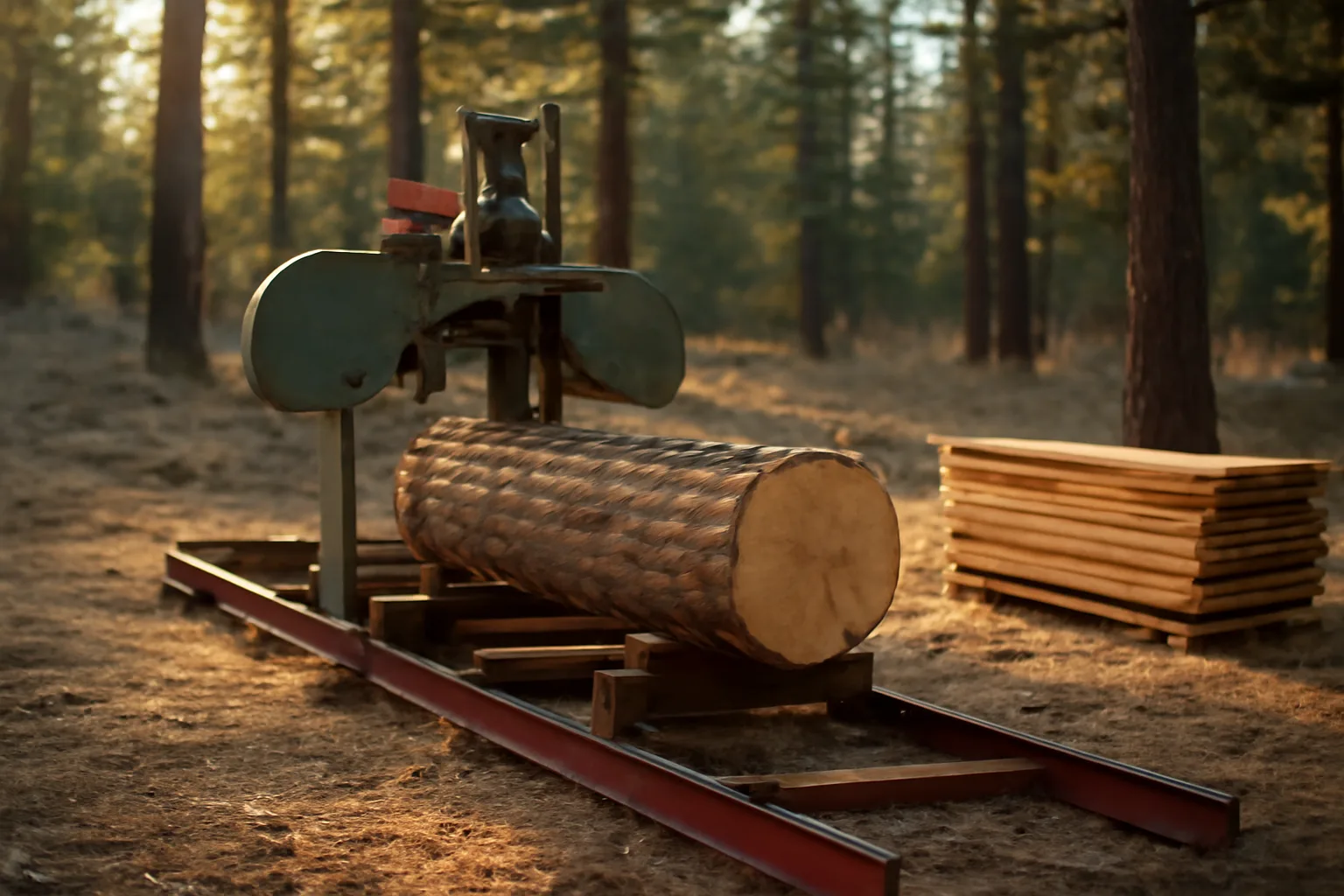 Portable sawmill cutting a ponderosa log in a Sierra clearing