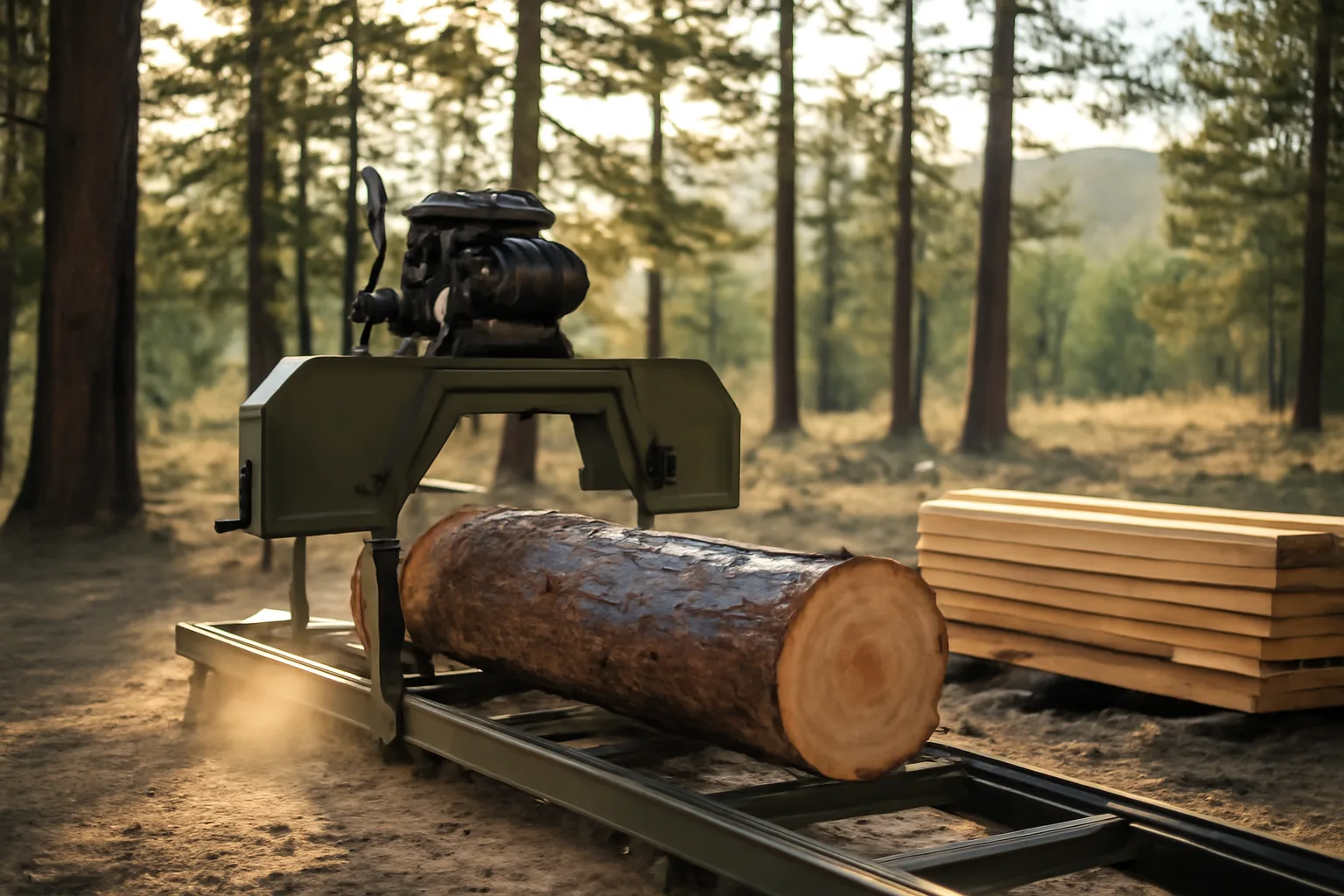 Portable band sawmill cutting pine log on a Colorado mountain property at dawn