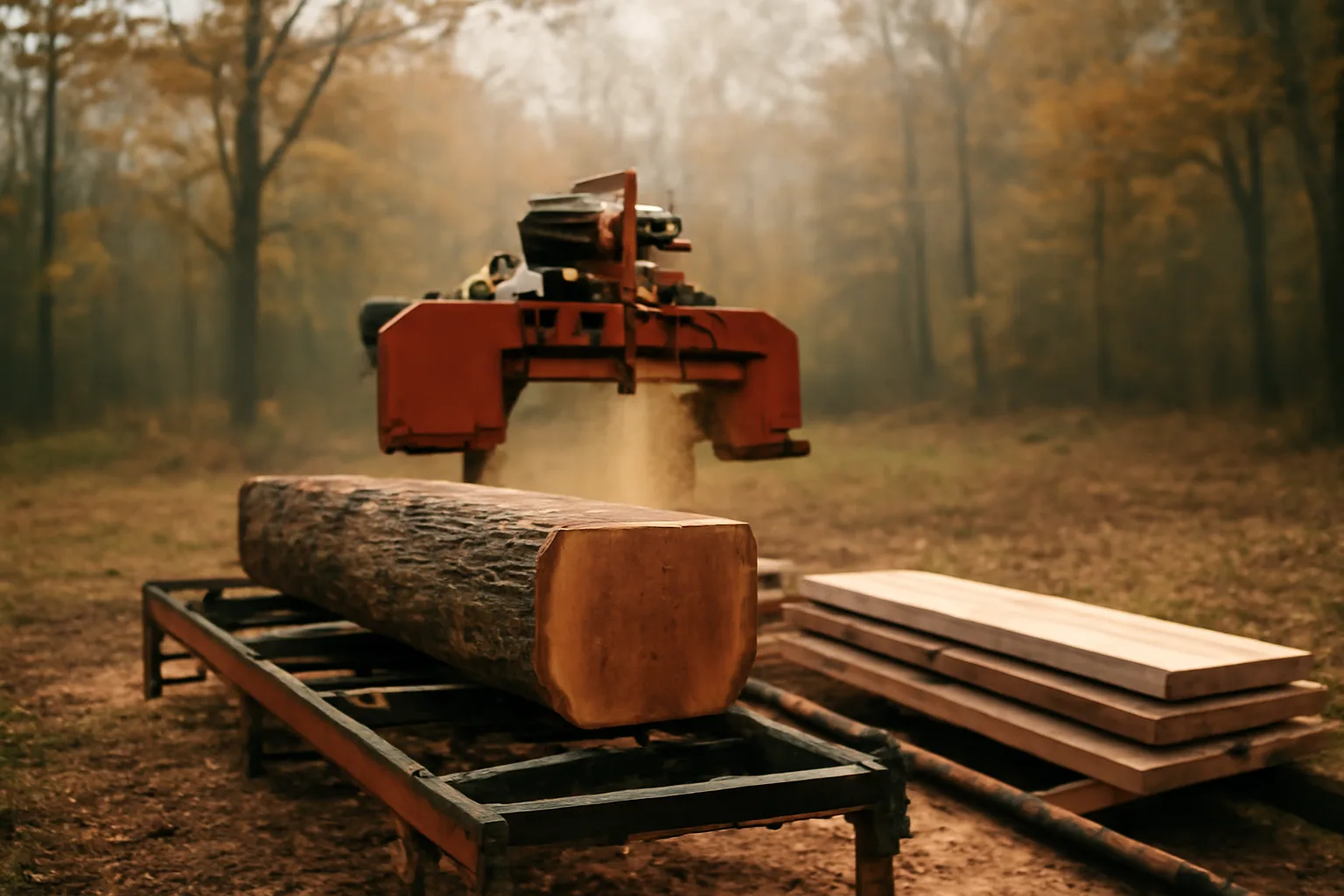 Portable bandmill cutting a red oak log in a Connecticut forest clearing