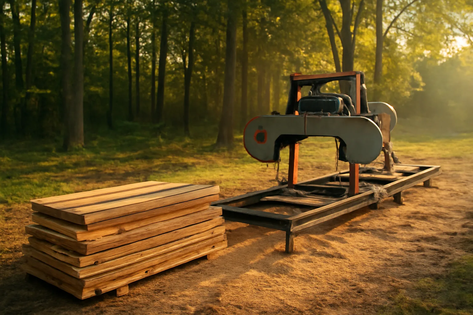 Portable bandsaw mill at a Delaware woodlot edge with stacked freshly cut oak boards