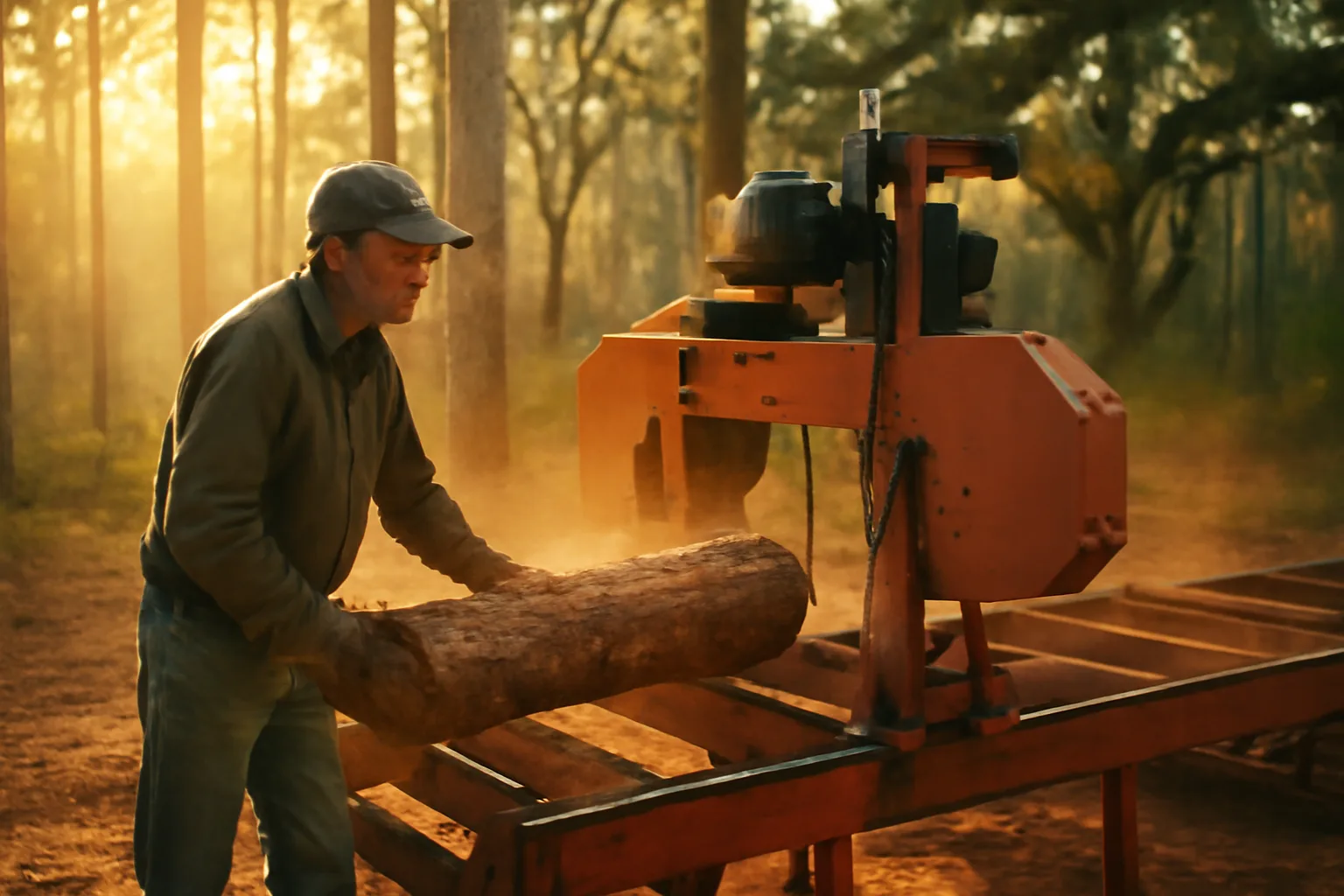Operator feeding a pine log on a portable sawmill in Florida