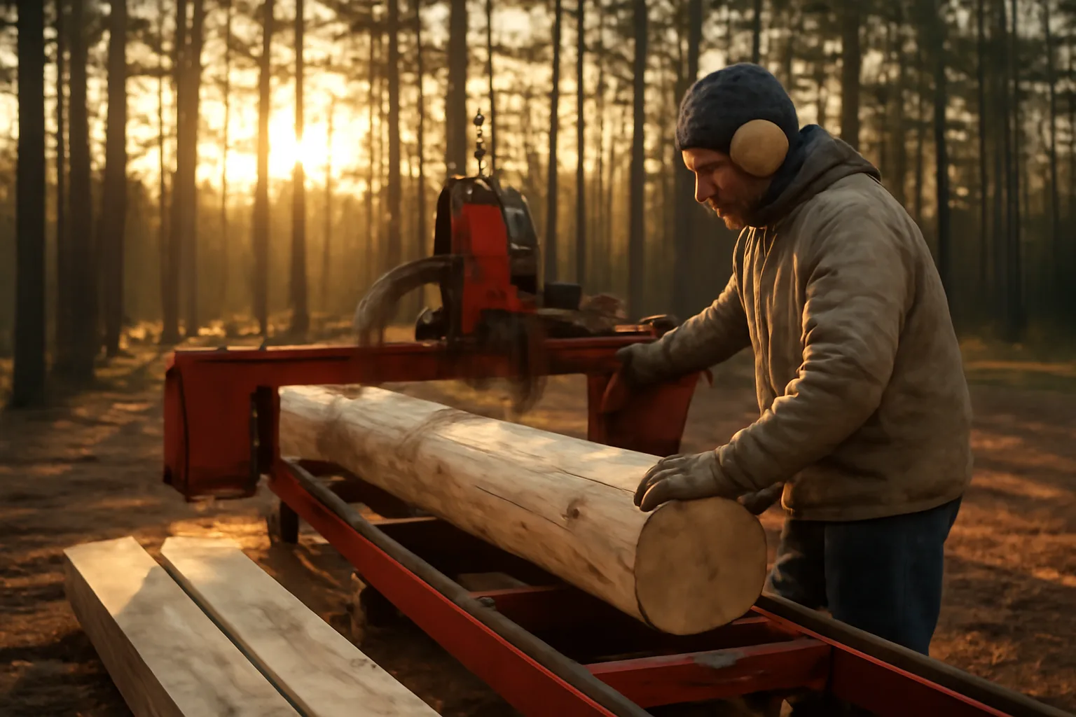 Portable band sawmill milling a pine log in Georgia woods