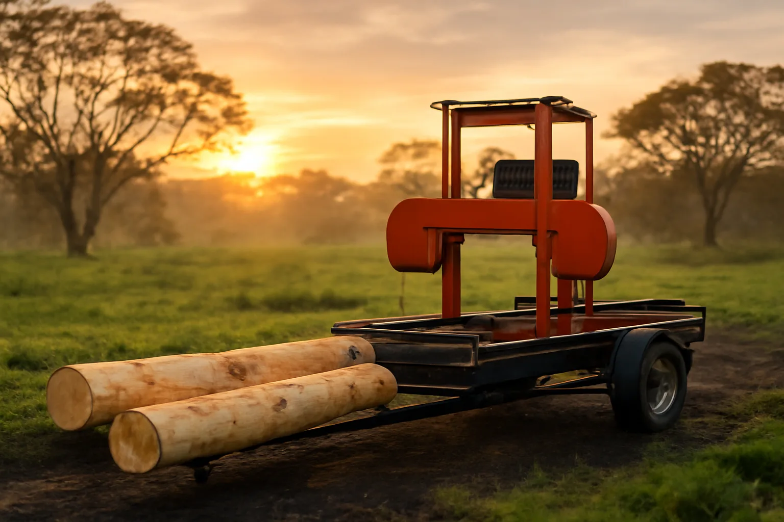 Portable sawmill beside eucalyptus logs in a Hawaii Island clearing
