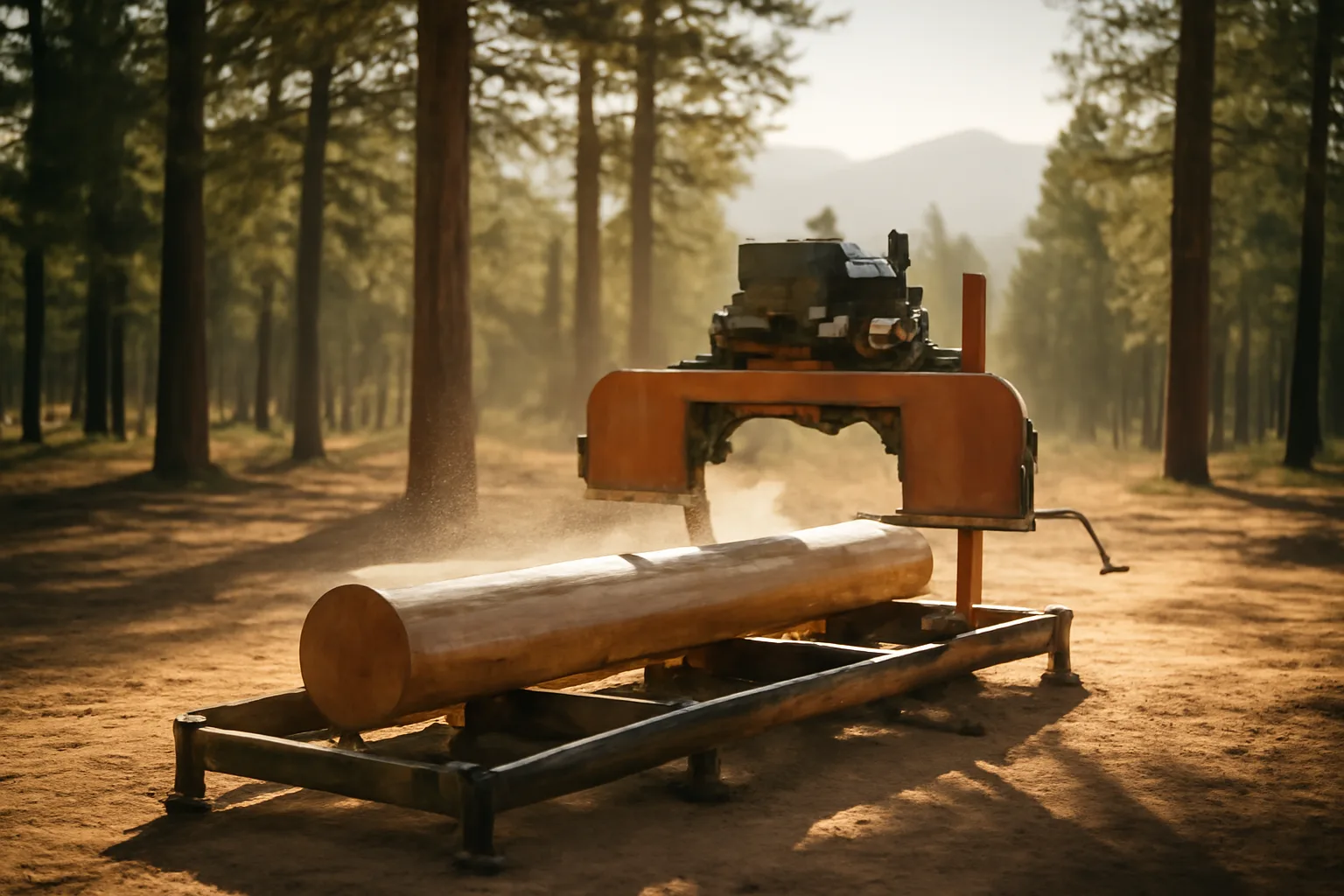 Portable sawmill on a dirt landing in an Idaho pine forest