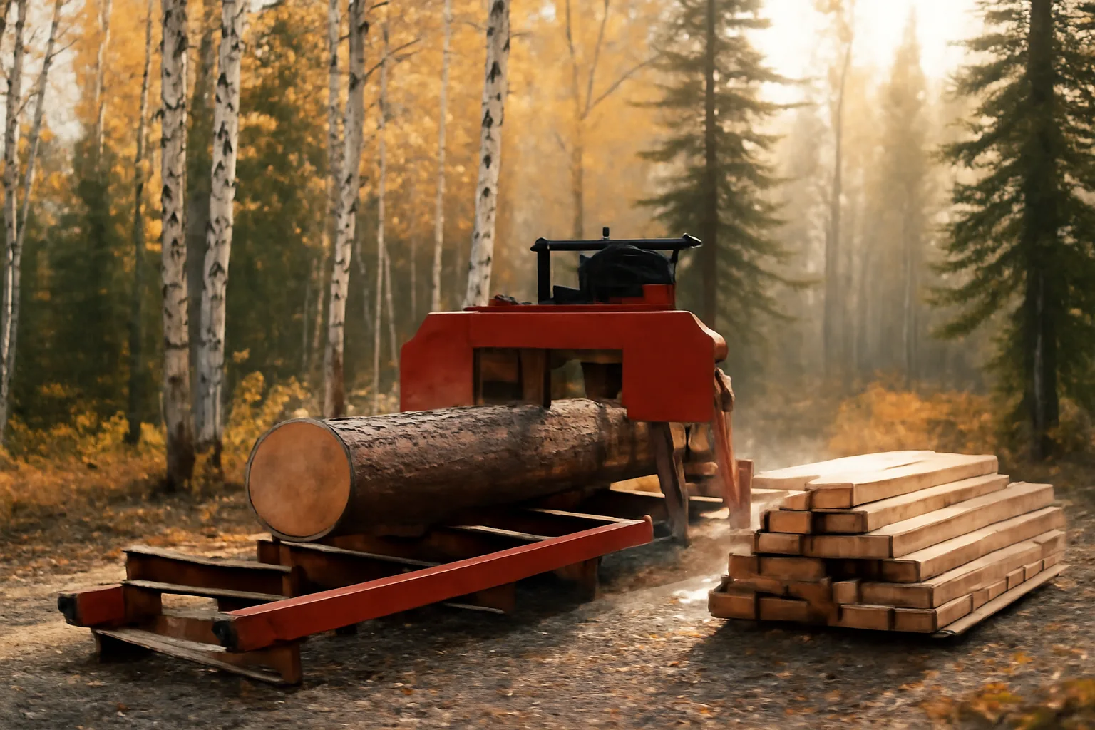 Portable sawmill cutting lumber in an Alaska forest.