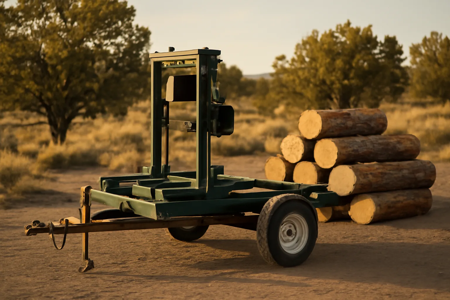 Portable sawmill on Arizona gravel beside stacked pine logs