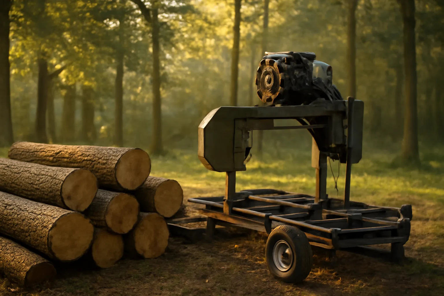 Portable sawmill beside oak logs in an Arkansas hardwood stand