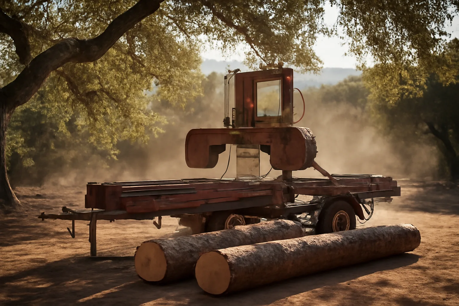 Portable sawmill in California foothills cutting a pine log