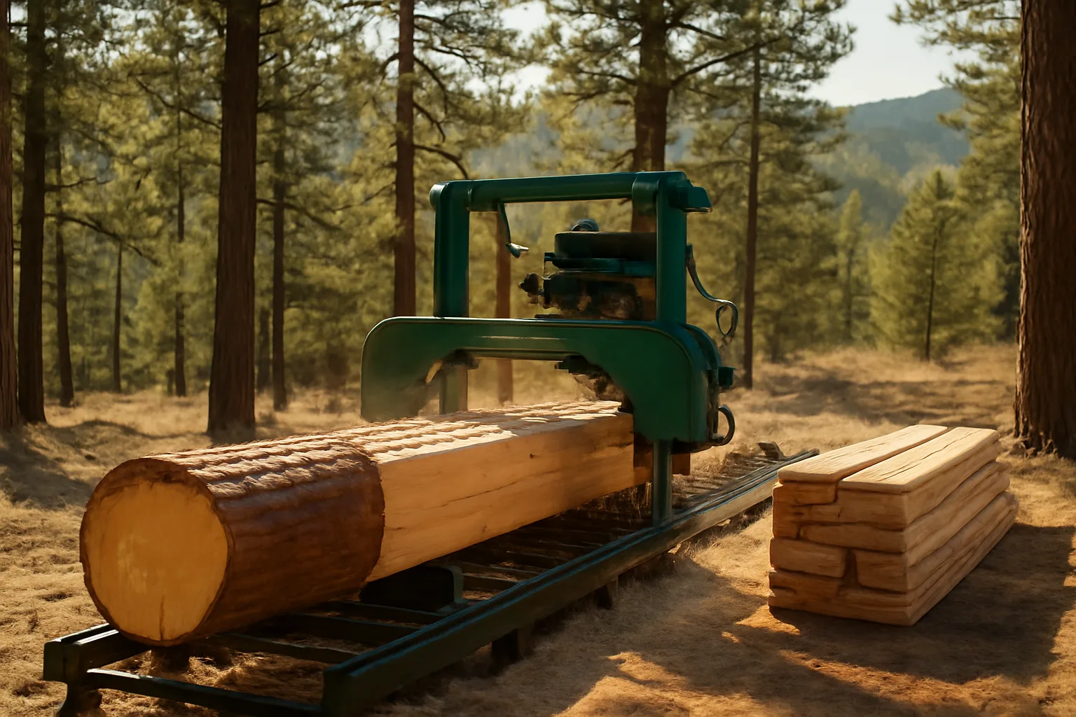 Portable band sawmill cutting a pine log on a Colorado mountain property with stacked boards nearby