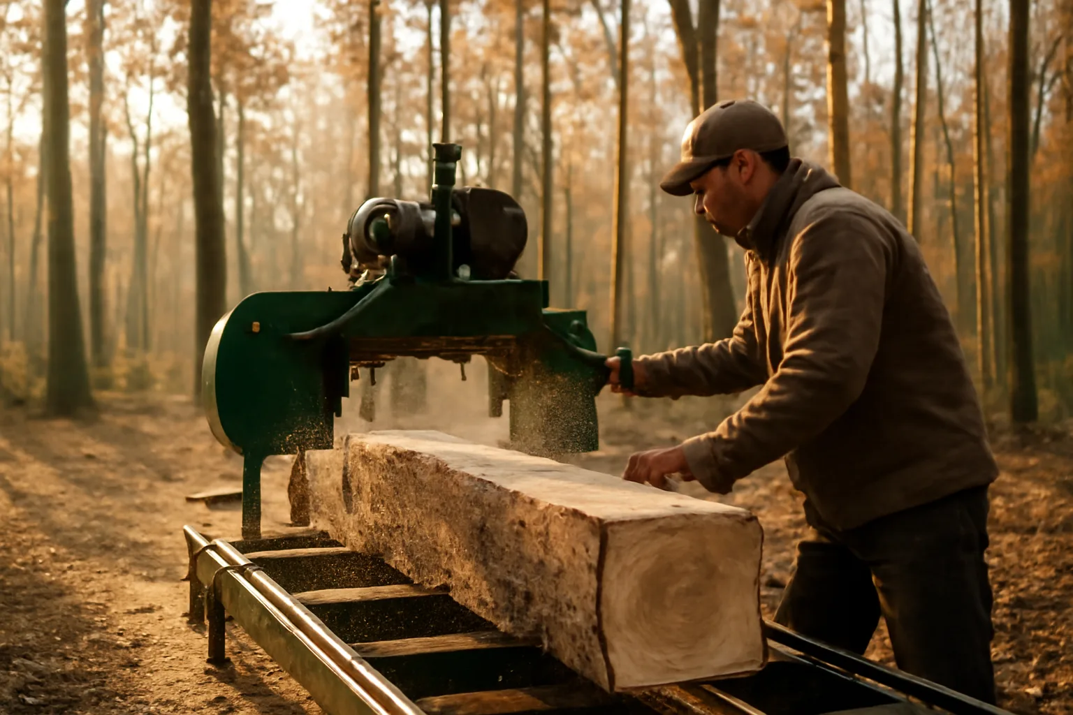 Portable bandmill cutting white oak log in Connecticut woodlot on autumn morning