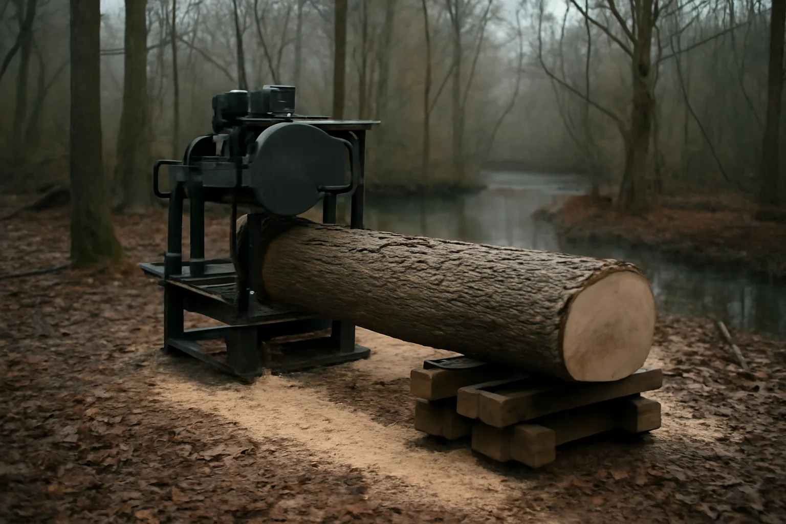 Portable sawmill cutting oak in a Delaware hardwood lot