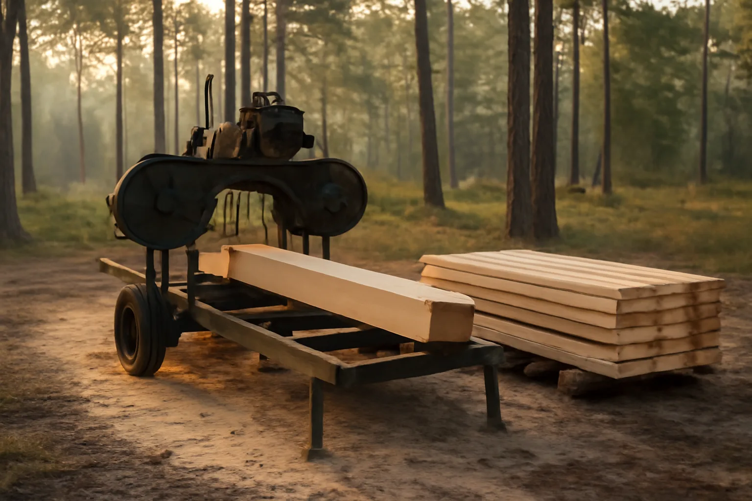 Portable sawmill in a Florida pine landing at sunrise