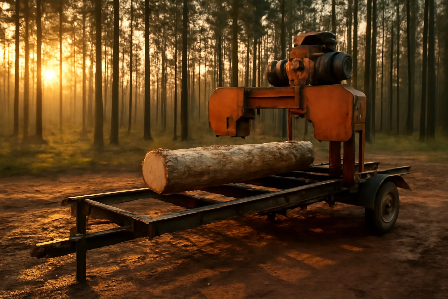 Portable sawmill cutting pine logs on a trailer in Georgia woods