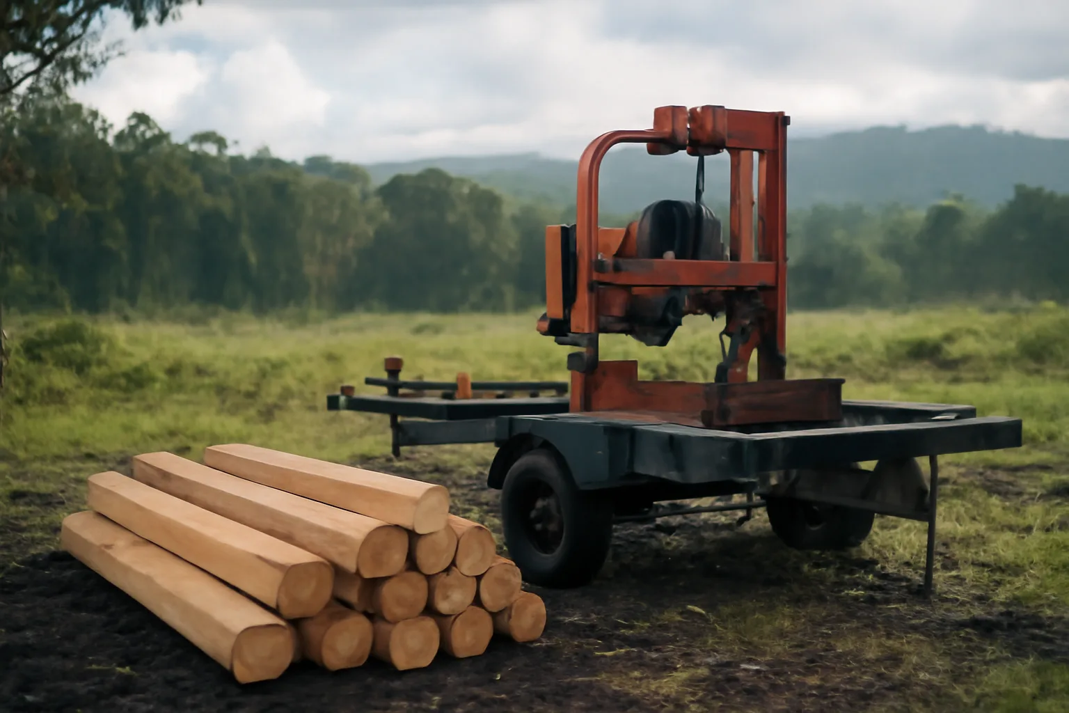 Portable sawmill beside stacked logs in a Hawaii forest clearing