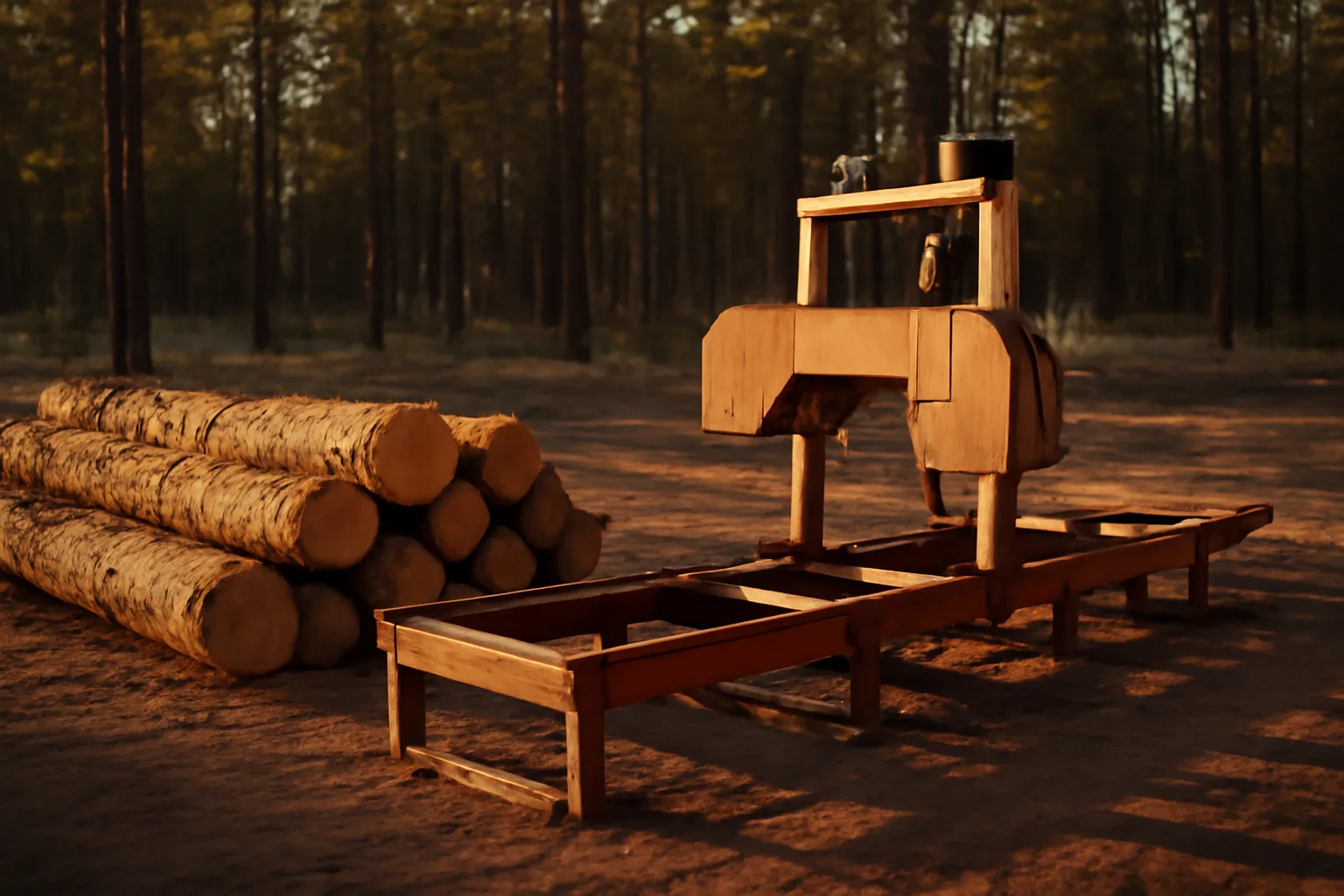 Portable sawmill beside ponderosa logs on dry Arizona dirt
