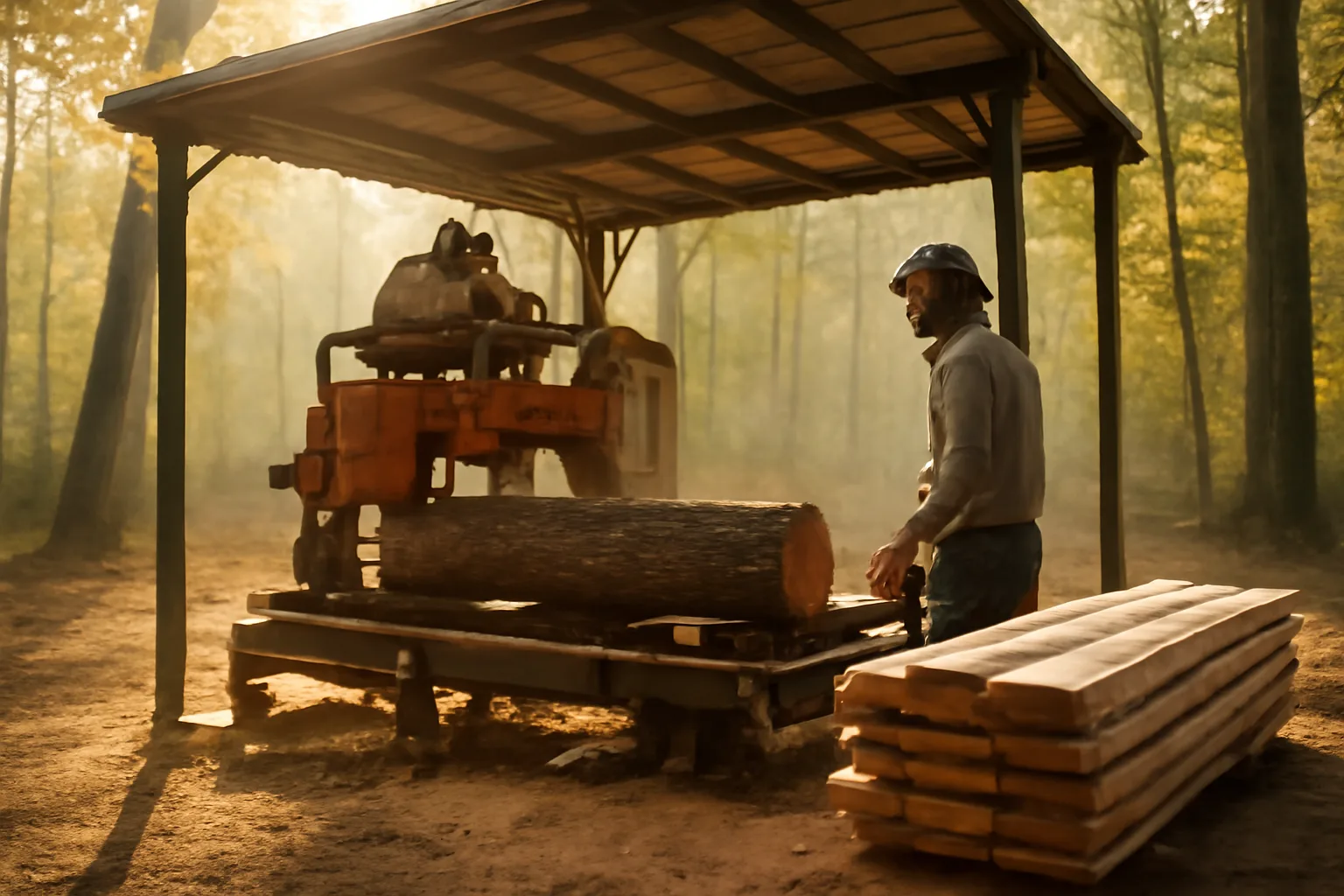 Portable sawmill cutting oak logs in an Arkansas hardwood lot