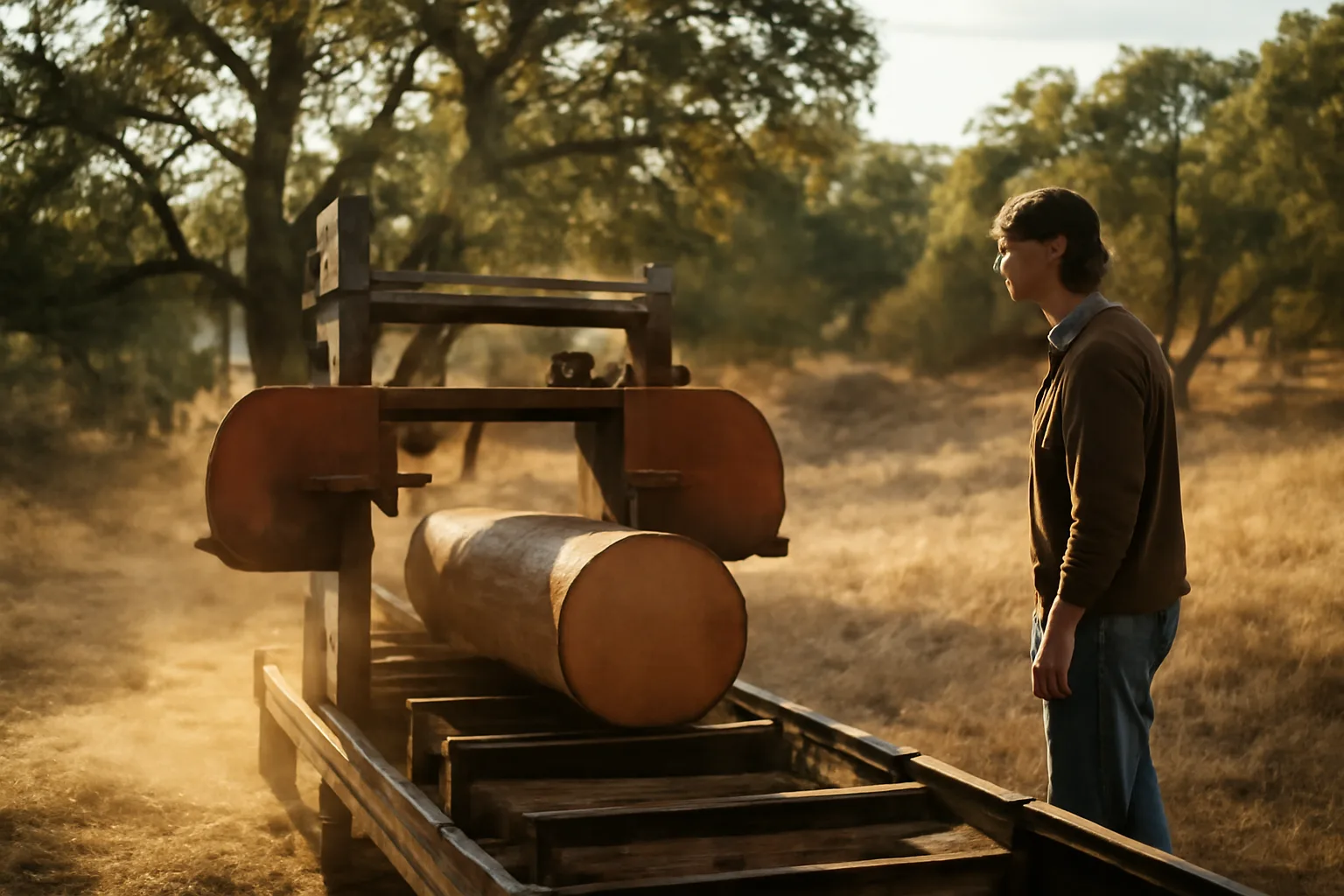 Portable sawmill cutting a pine log in a California oak clearing