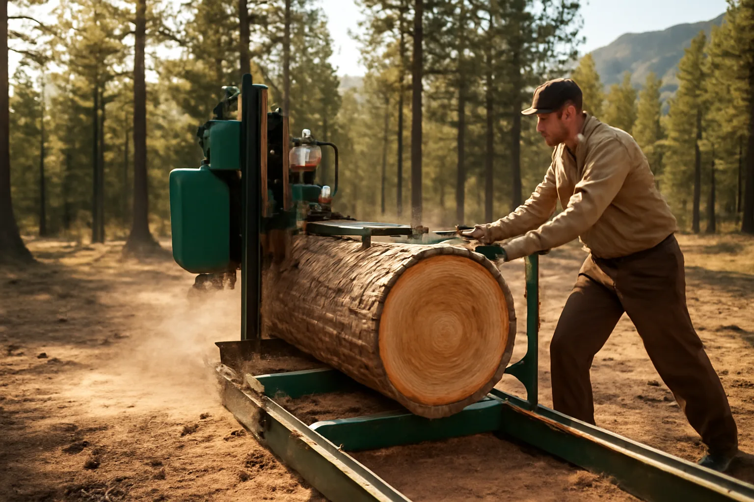 Portable sawmill cutting ponderosa pine log in a Colorado mountain forest clearing