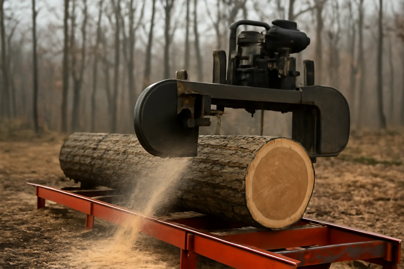 Portable band sawmill slicing white oak log in Connecticut woodland