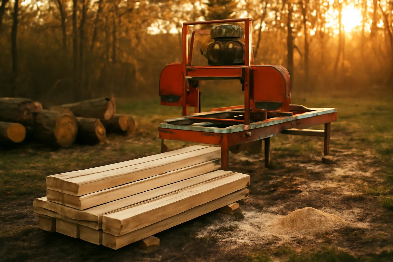 Portable sawmill and oak cants in a Delaware woodlot at sunset