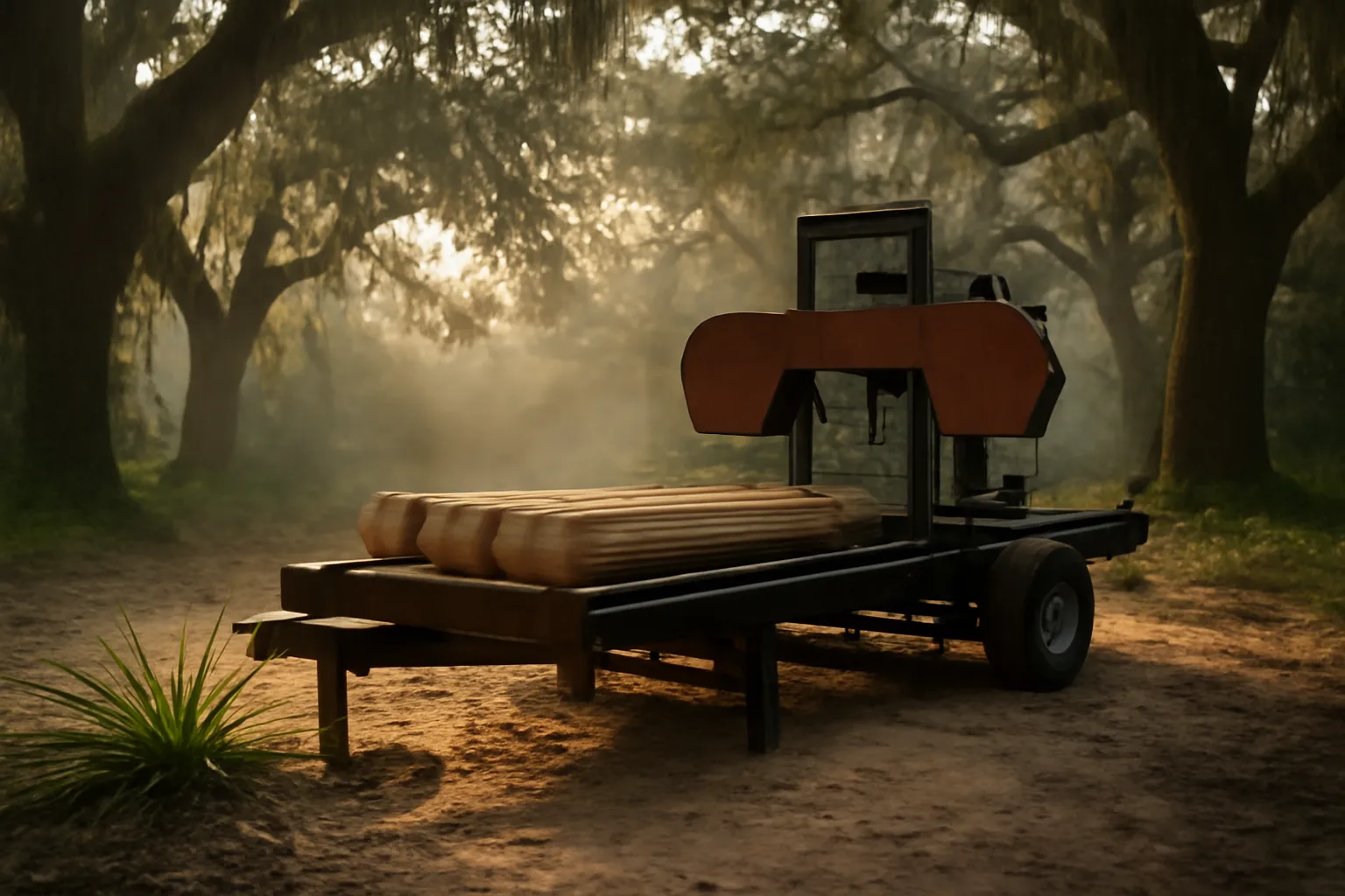 Portable sawmill beside pine cants in a north Florida woodlot