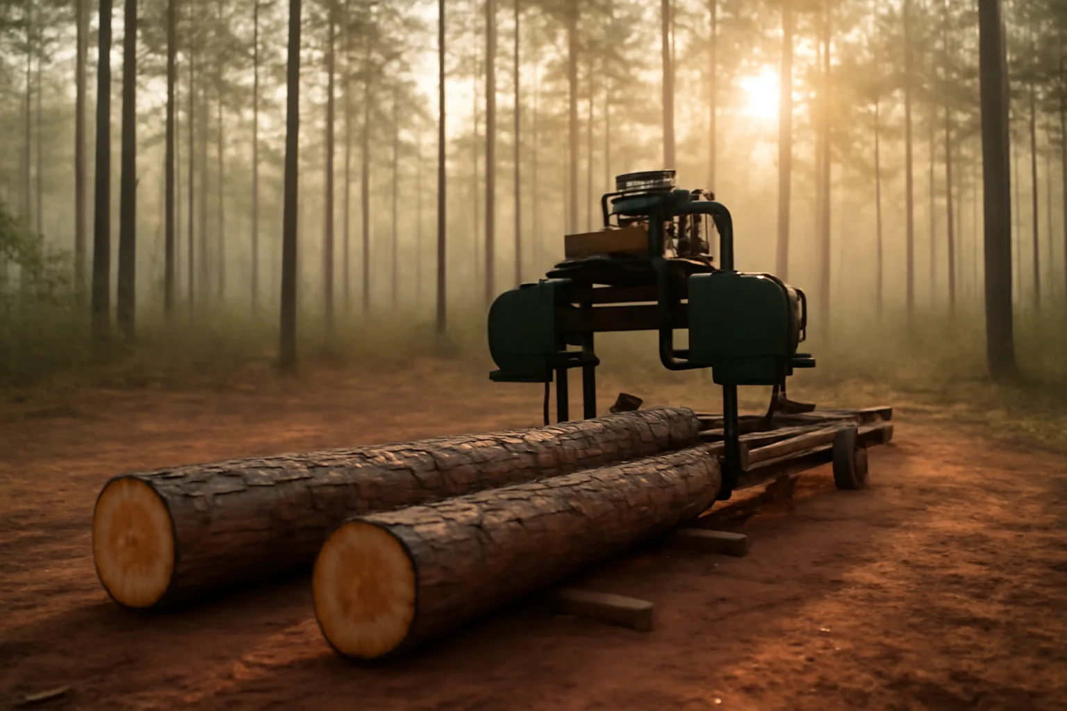 Portable sawmill beside pine logs in a Georgia woods clearing
