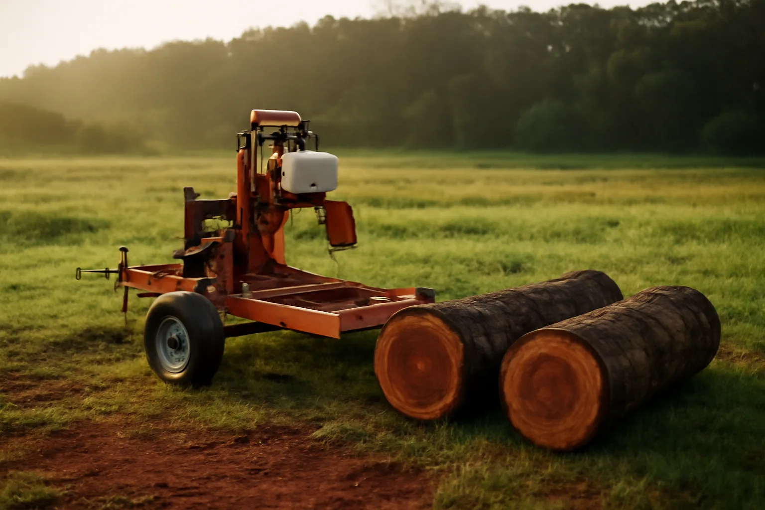 Portable sawmill and hardwood logs on a misty Hawaii Island pasture