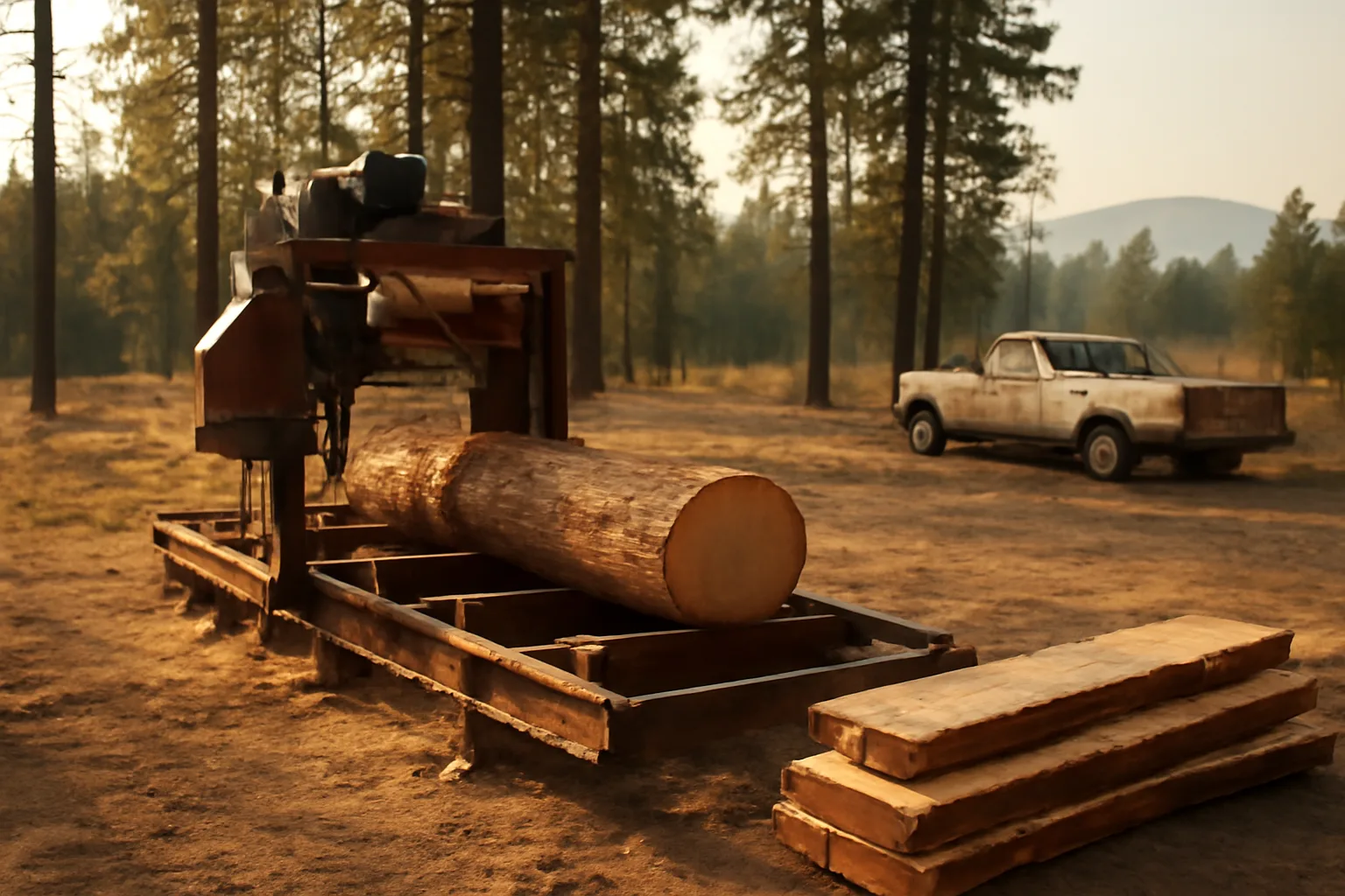 Portable sawmill cutting ponderosa logs in a rural Idaho clearing