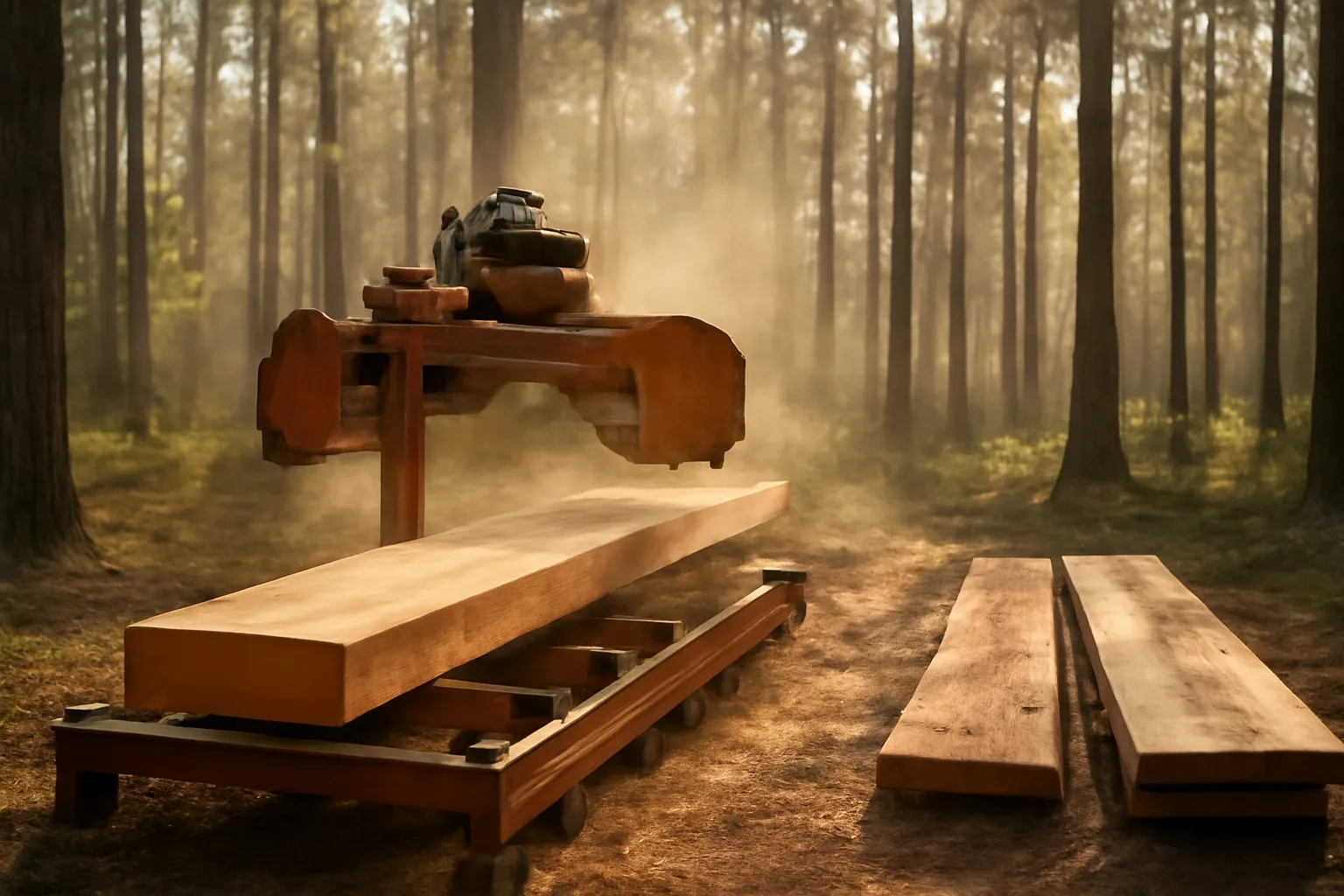 Portable sawmill cutting pine boards in an Alabama forest