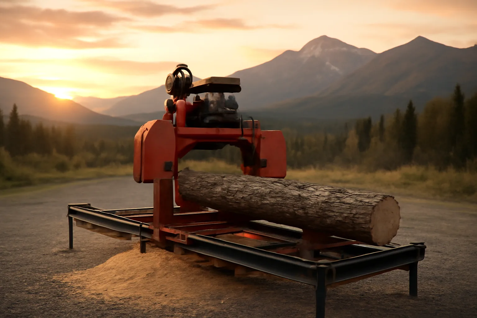 Portable sawmill on Alaska gravel landing with spruce logs and sawdust at sunrise, Chugach foothills behind, no people or text.
