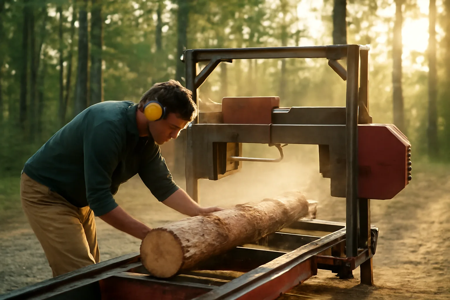 Portable sawmill cutting logs at an Arkansas woodlot landing