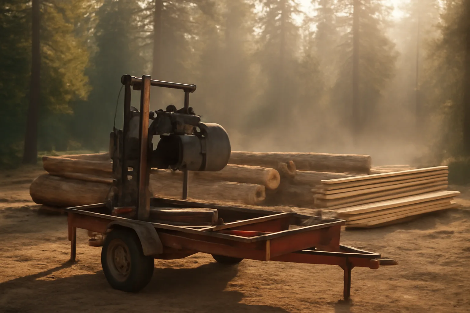 Trailer bandsaw mill beside pine logs in a California forest