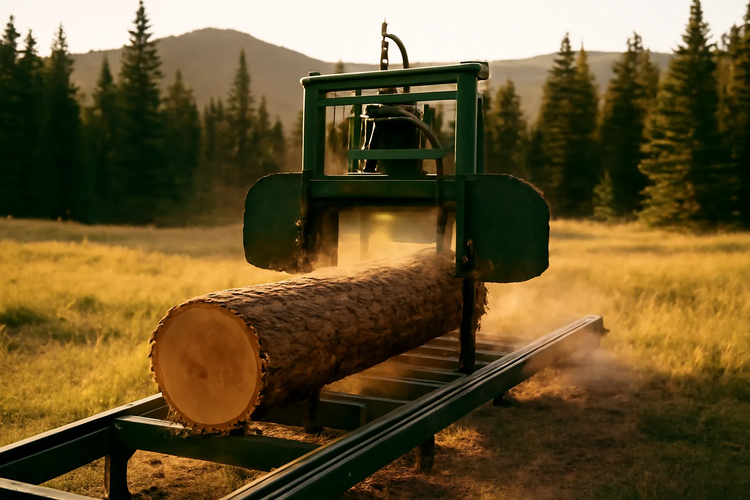 Portable bandmill cutting a pine log in a Colorado mountain meadow at golden hour