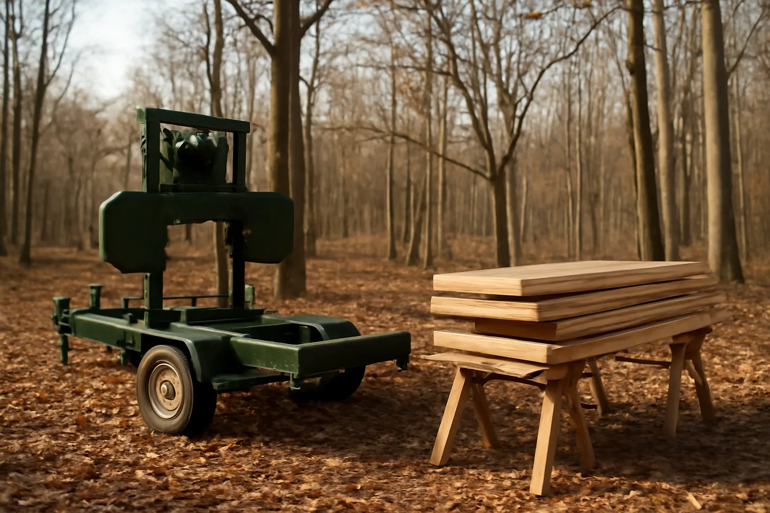 Portable band sawmill with stacked oak boards at a Connecticut woodlot