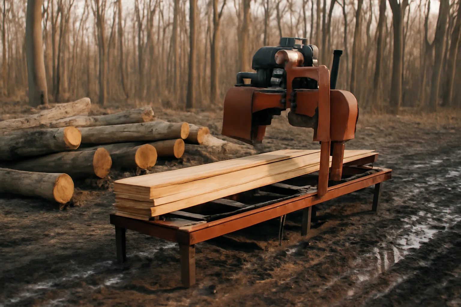 Portable sawmill cutting oak logs in a Delaware winter woodlot