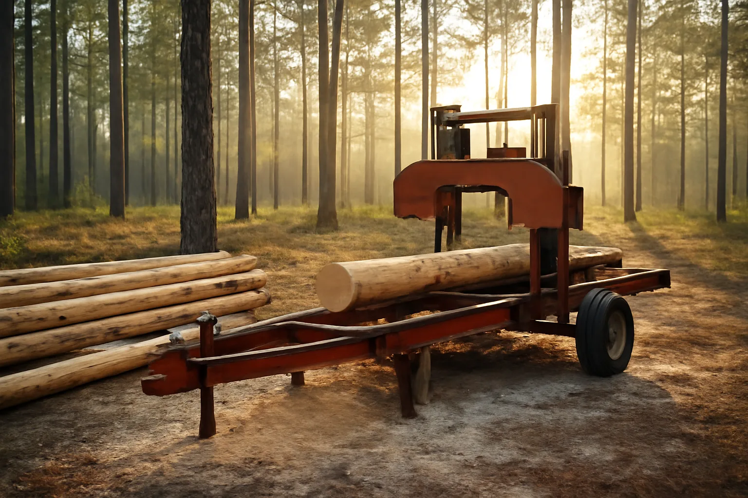 Trailer portable sawmill beside pine logs in a Florida stand