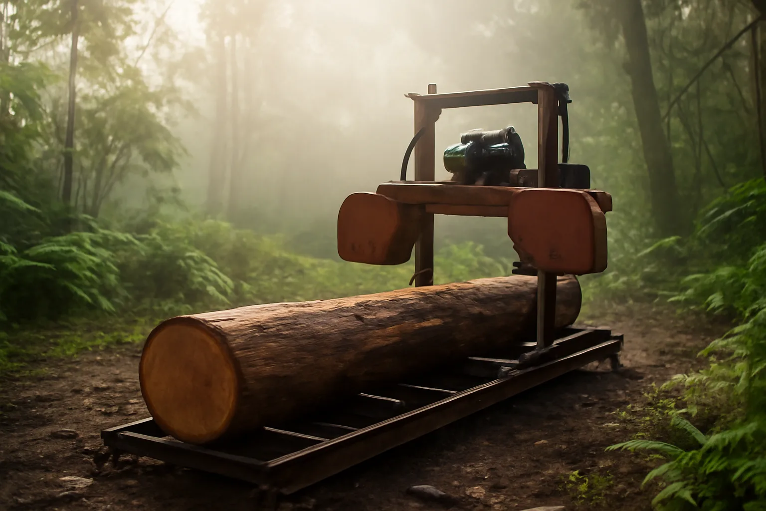 Portable sawmill beside a hardwood log in a Hawaii forest