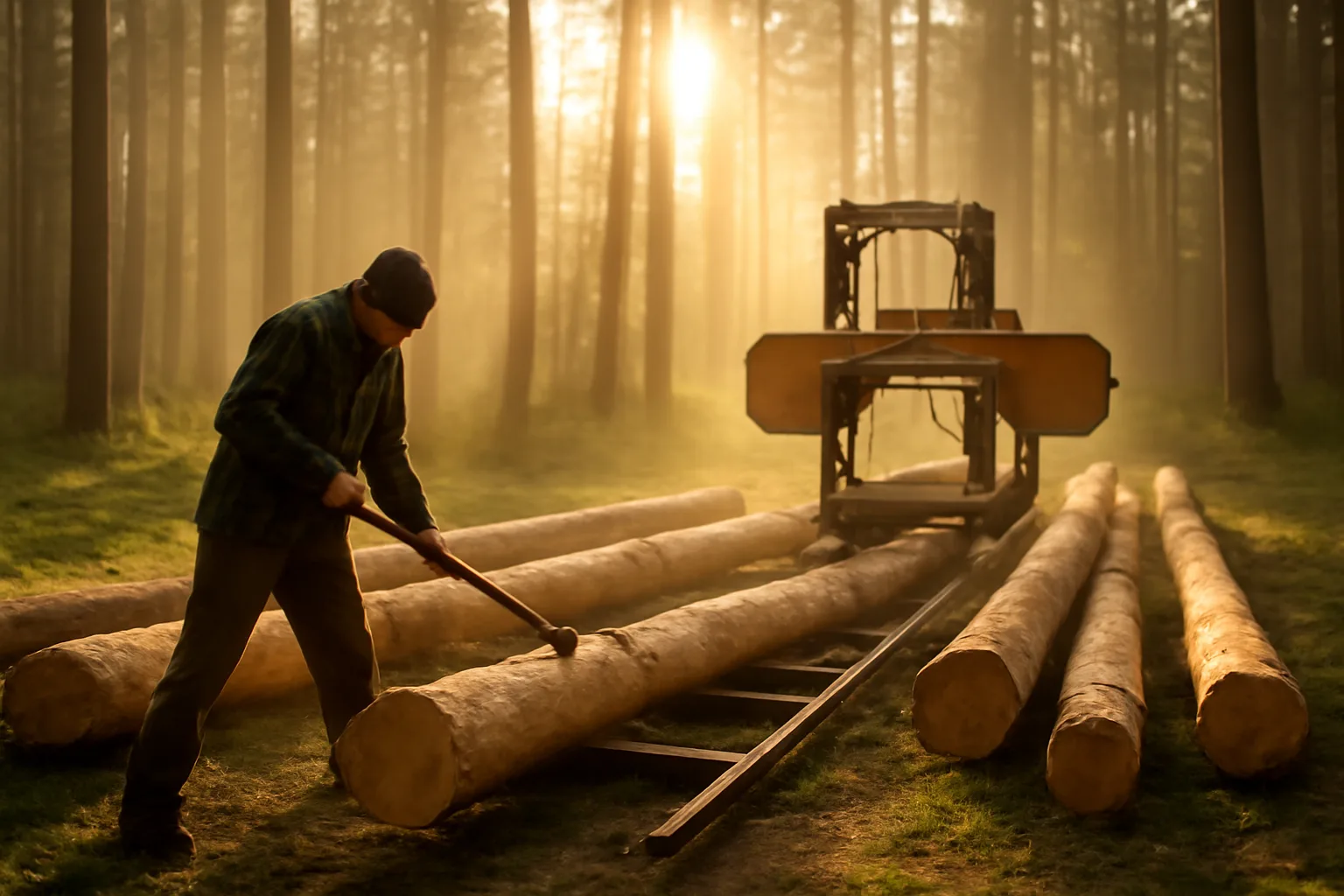Portable sawmill and logs in a north Idaho forest clearing