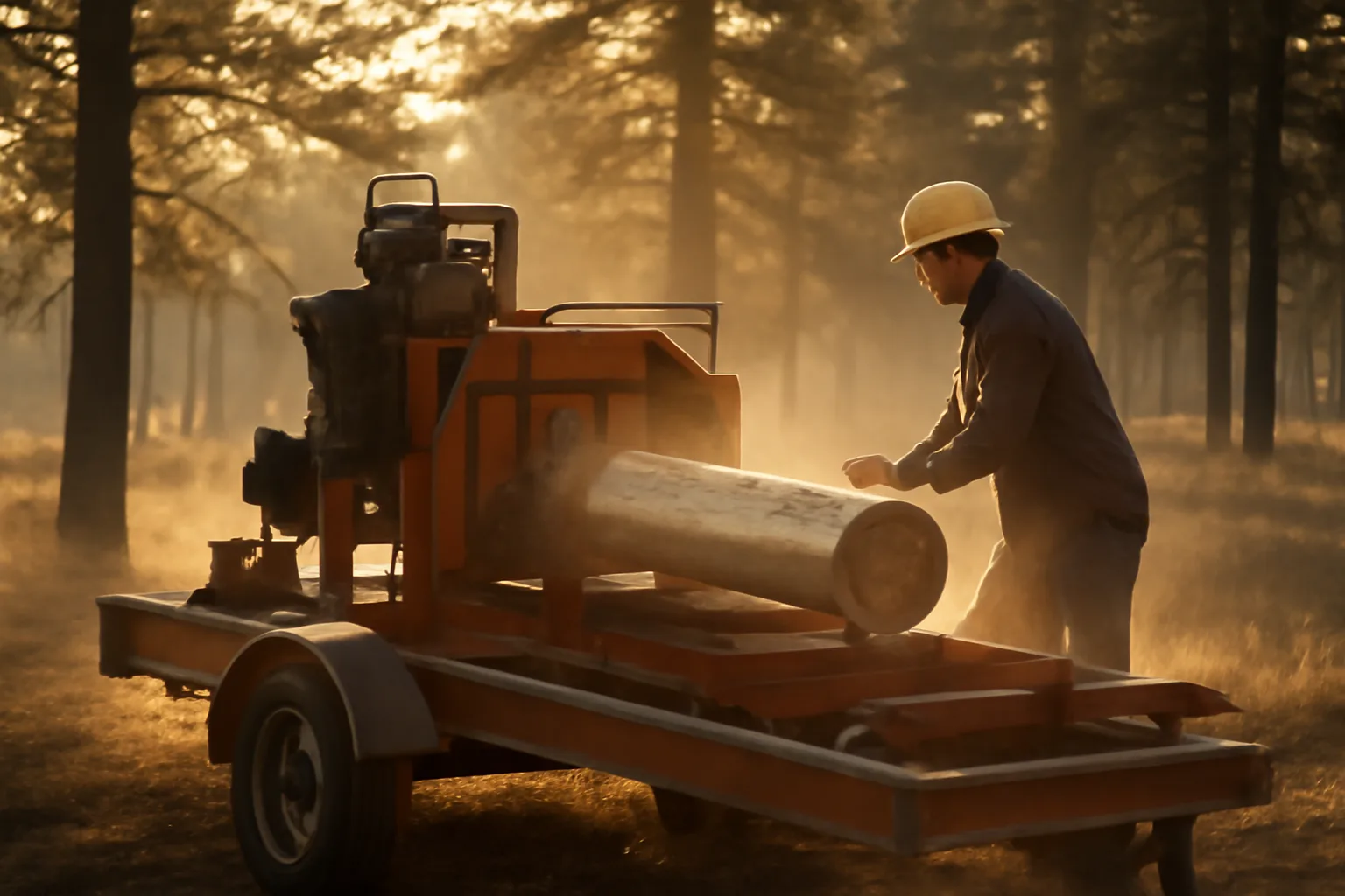 Portable sawmill cutting a pine log in northern Arizona morning light