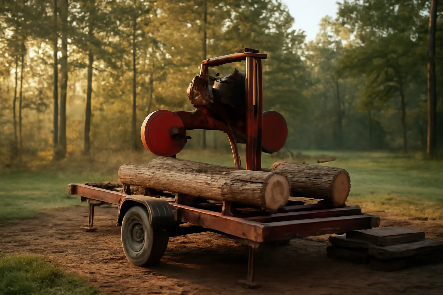 Trailer portable sawmill parked at an Arkansas pine hardwood edge