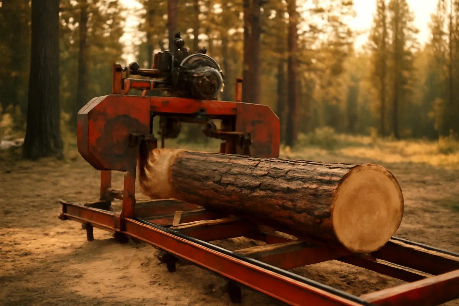 Portable sawmill slicing a pine log in a California forest clearing at golden hour